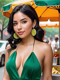 A 26 year old Colombian woman with hazel eyes serves tacos from her cart in NYC